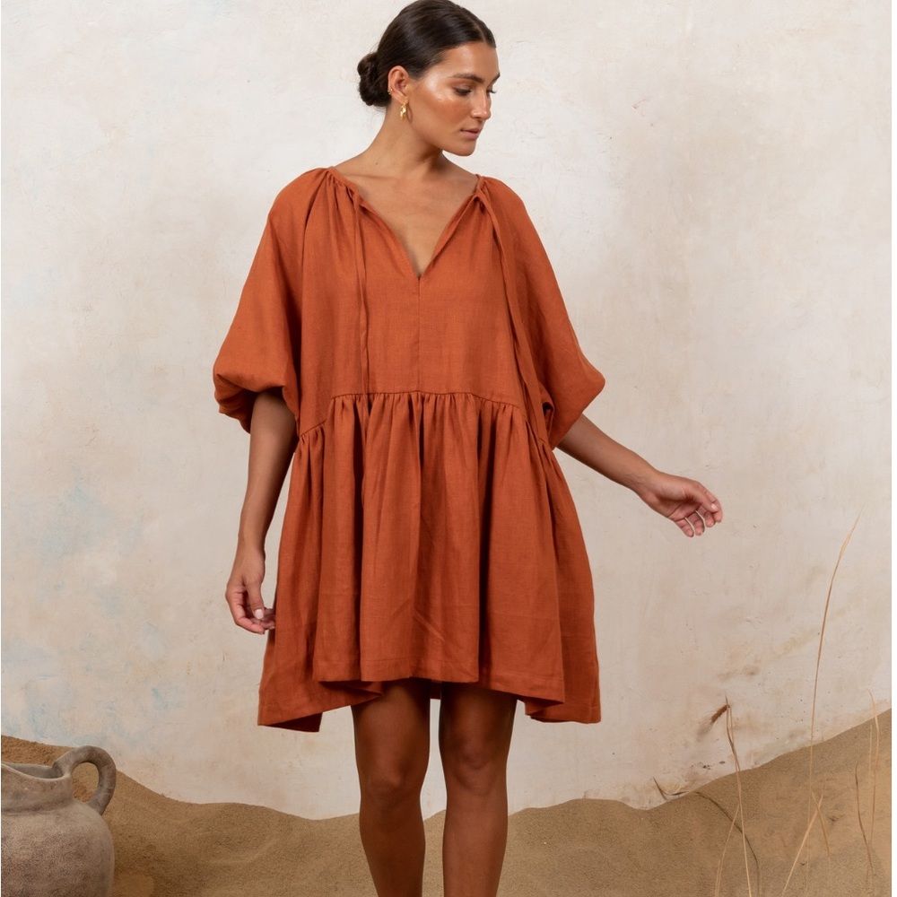 Wildhorses Tilly Mini Dress - Rust Linen